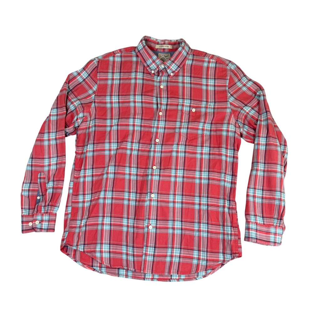 LL Bean Mens Large Red Blue Plaid Cotton Button Down Slightly Fitted Shirt